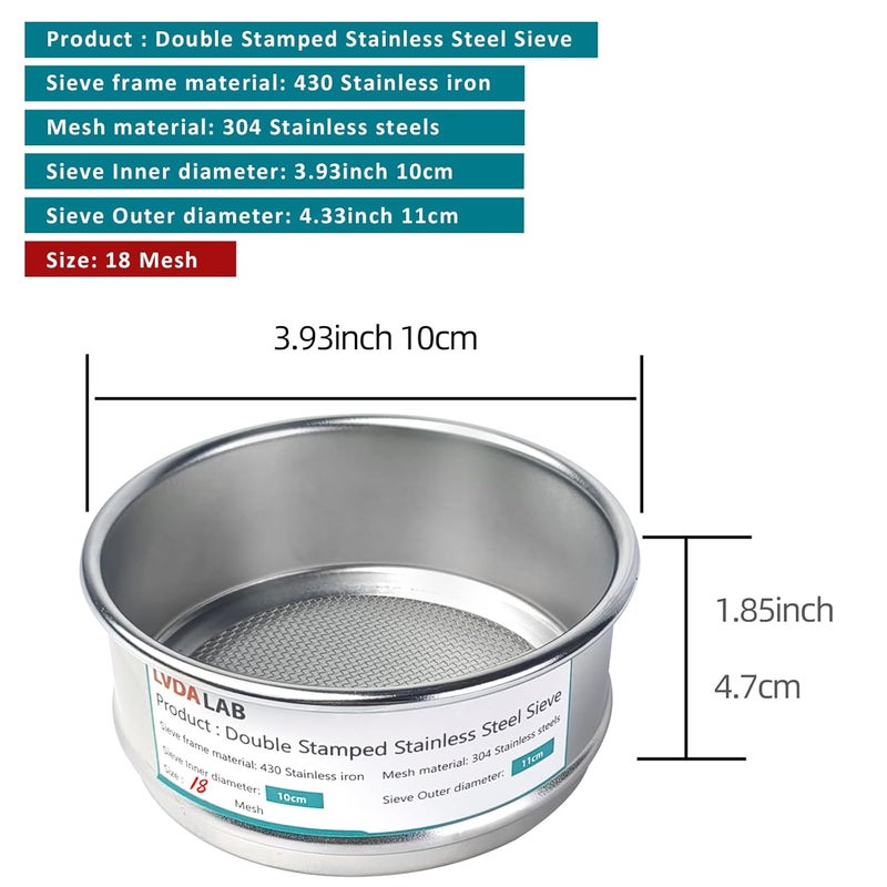 LVDALAB 304 Stainless Steel Mesh Lab Sieve, 18 Mesh (1mm) Aperture Test Sieve, 4inch(10cm) Economy Standard Analysis Sample Test Sieves for Industrial Laboratory Homes - Image 2